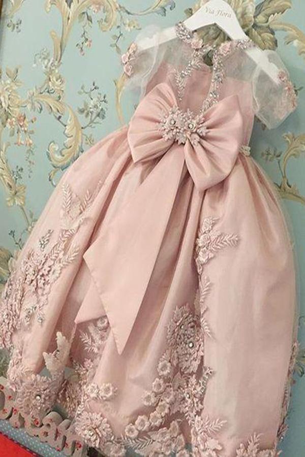 Blush Pink Short Sleeves Floor Length Appliqued Flower Girl Dress with Bow WK888