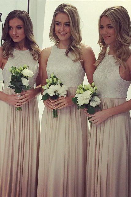 2024 A-Line O Neck Lace Top Long Chiffon Sleeveless Floor-Length Bridesmaid Dresses WK350