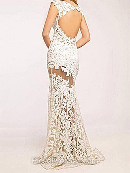 High Neck Cap Sleeves Lace Mermaid Sexy White Lace Open Back Beautiful Women Dresses