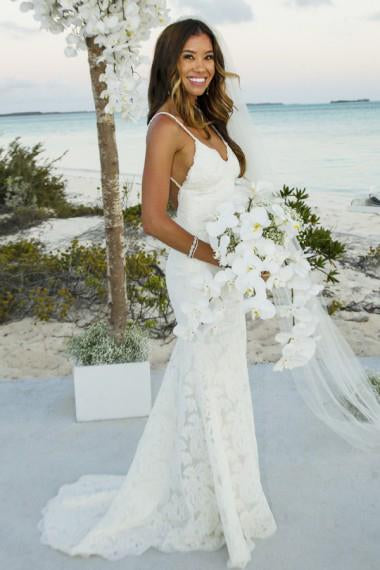 Mermaid Spaghetti Straps Sweep Train Ivory Sleeveless Lace Backless V-Neck Wedding Dress WK234