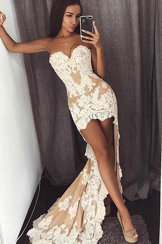 High Low Strapless Evening Dress Sexy Lace Sweetheart Sleeveless Mermaid Prom Dresses WK303