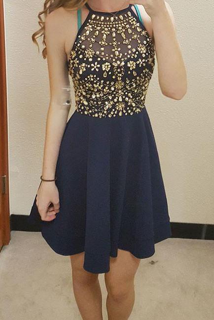 Unique Round Neck Rhinestones Short Dark Blue Chiffon Homecoming Dresses WK806