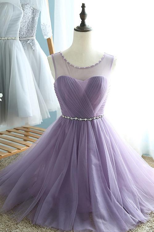 Elegant A-Line Round Neck Purple Tulle Short Cute Mini Homecoming Dresses WK102