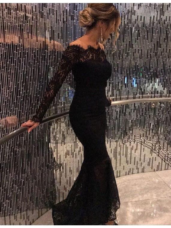 2024 New Style Mermaid Long Sleeves Black Lace Scoop Long Evening Dresses WK762