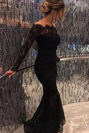 2024 New Style Mermaid Long Sleeves Black Lace Scoop Long Evening Dresses WK762