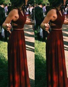 Elegant Two Pieces A-line V Neck Floor-length Burgundy Chiffon Cheap Prom Dresses WK671