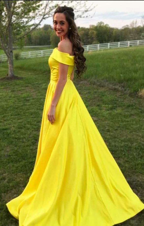 Elegant Yellow Off The Shoulder Satin A Line Princess with Pockets Prom Dresses WK477