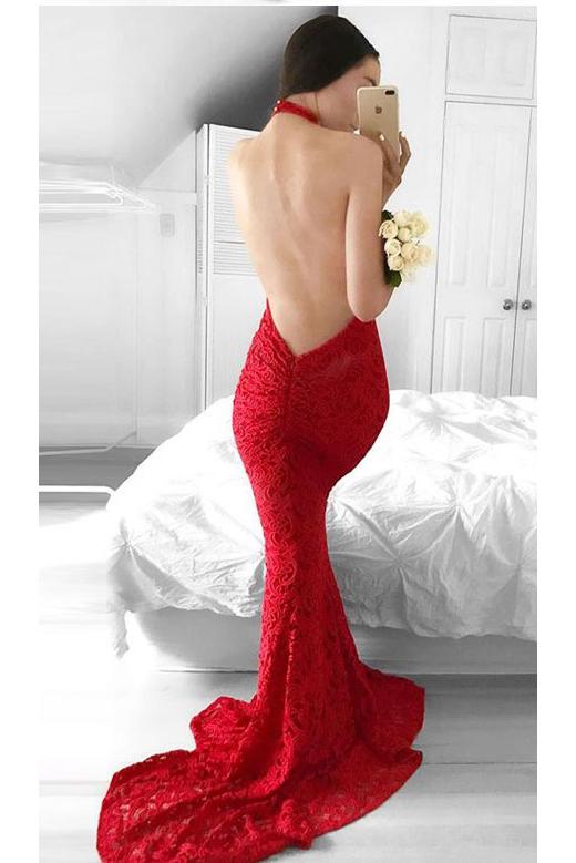 Glamorous Mermaid Red Lace Halter Evening Dress Backless Sleeveless Prom Dresses WK331