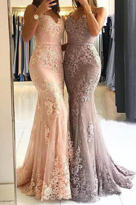 Unique Sweetheart Spaghetti Straps Lace Appliques Mermaid Long Prom Dresses WK115