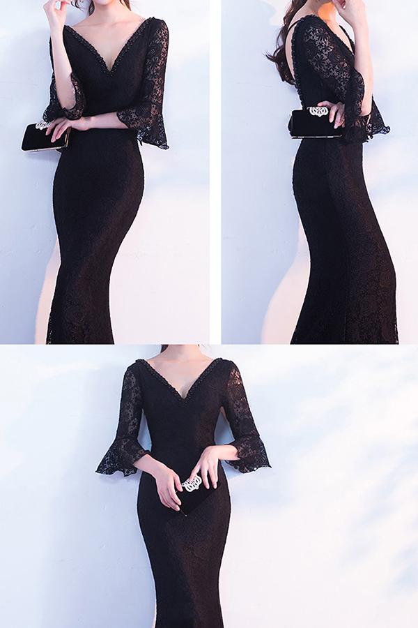 Elegant Black Lace Popular V-Neck Half Sleeve Sexy Mermaid Lace up Prom Dresses WK246