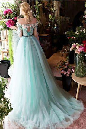 Princesses Romantic Summer Boho Off the shoulder Long Sleeve Blue Wedding Dresses WK546