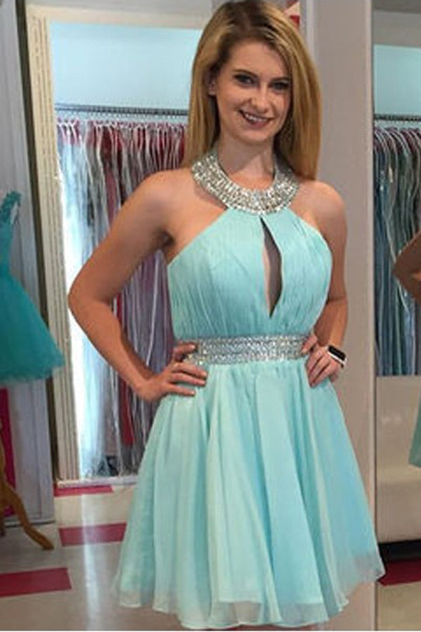 Green A-Line Sleeveless Halter Knee-Length Beading Chiffon Homecoming Dresses