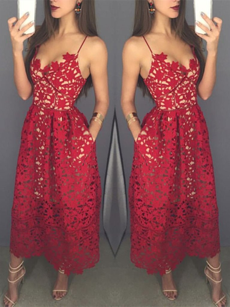 Mid-calf Red Lace Spaghetti Straps with Pockets Sweetheart Homecoming Dresses WK642