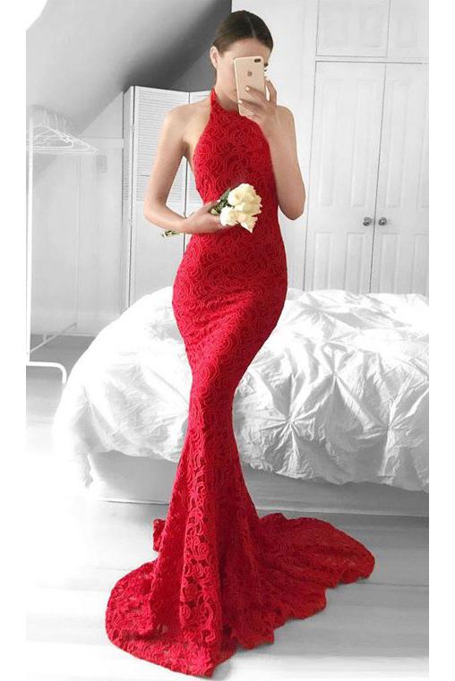 Glamorous Mermaid Red Lace Halter Evening Dress Backless Sleeveless Prom Dresses WK331