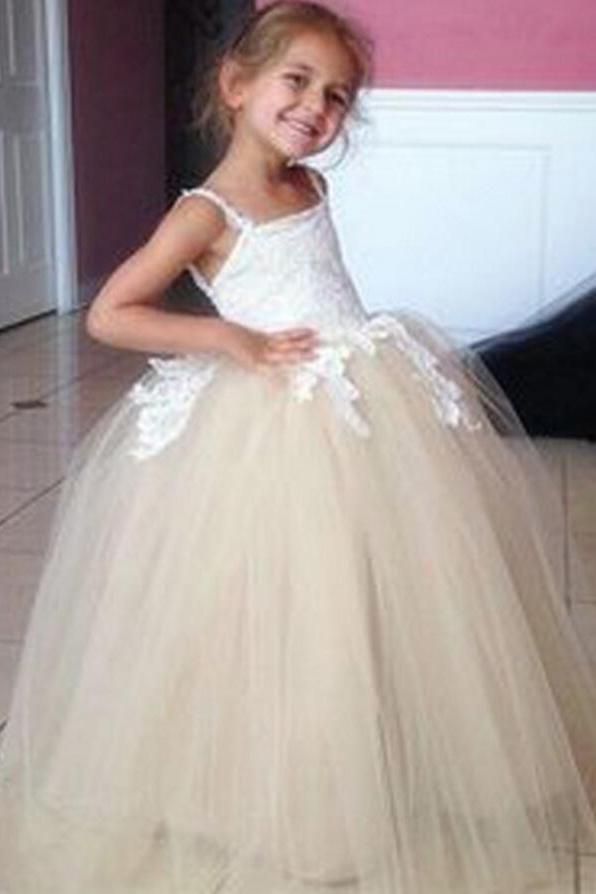 Tulle Applique Spaghetti Straps Backless Flower Girl Dresses Lovely Tutu Dresses WK117