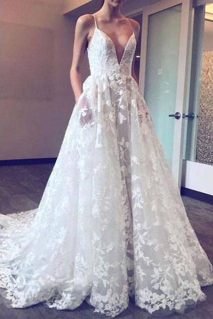 A Line Deep V Neck Lace Appliques Ball Gown Spaghetti Straps Wedding Dress with Pockets WK727