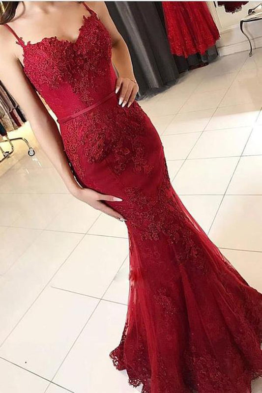 Cheap Red Spaghetti Straps Sweetheart Mermaid With Lace Appliques Prom Dresses WK121