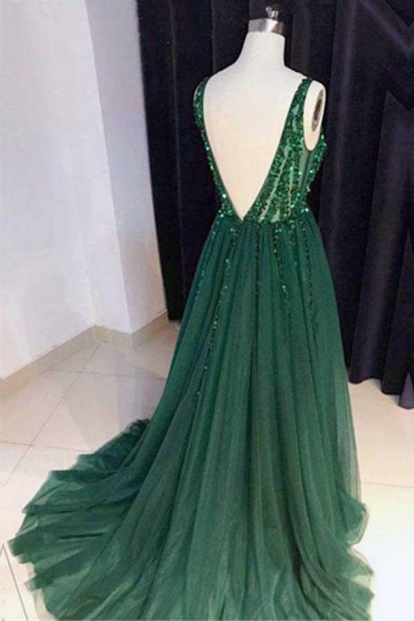 Chic A-Line V Neck Backless Dark Green Tulle Prom Dress with Sequins Evening Dresses WK696