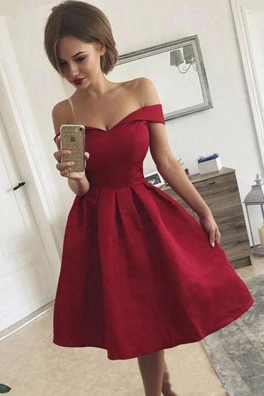 Simple Off the Shoulder Sweetheart Short Homecoming Dresses Burgundy Formal Dress H1139