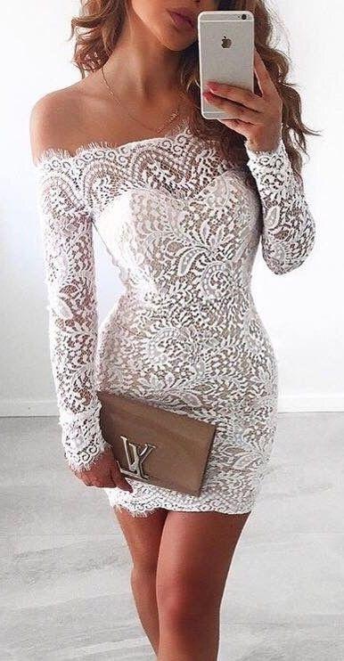 White Lace Bodice Off shoulder Long Sleeves Mermaid Homecoming Dress