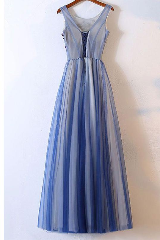 Elegant Long Appliques Blue Tulle Round Neck Long Evening Dress WK45