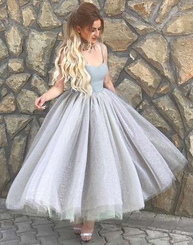 Simple A-Line Spaghetti Straps Gray Tulle Short Ball Gown Sweetheart Homecoming Dress