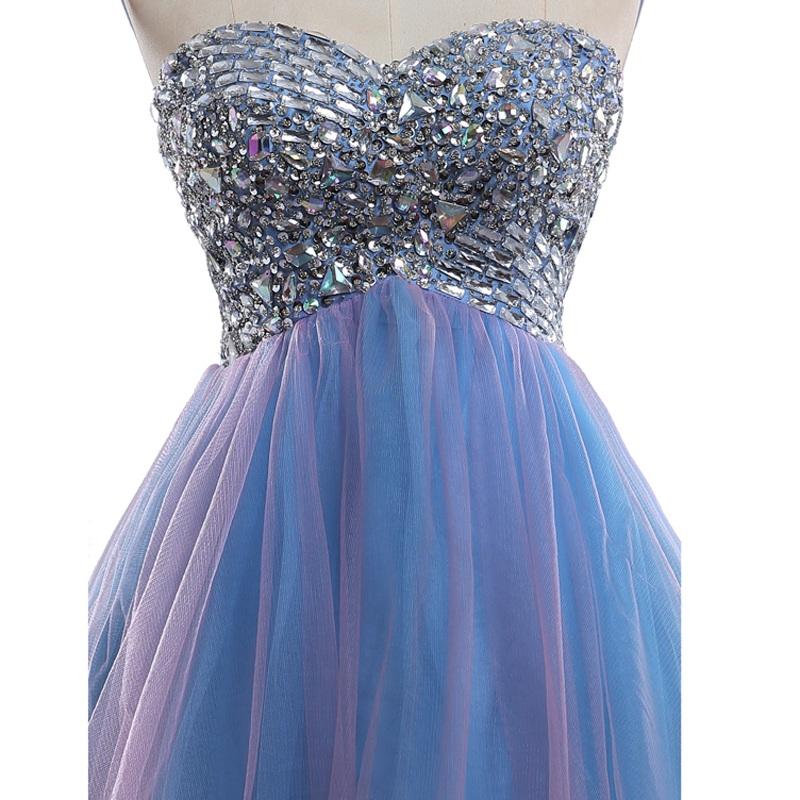 Strapless Cute Tulle Short Sweetheart Beading Blue Rhinestone Homecoming Dresses WK190