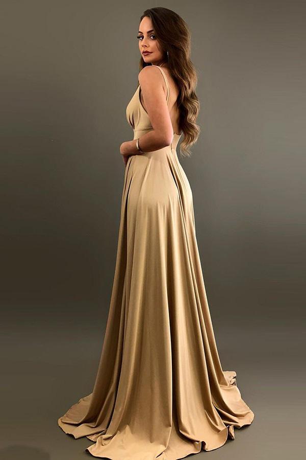 Elegant A Line Mermaid Deep V Neck Long Blue Backless Bridesmaid Dresses WK958