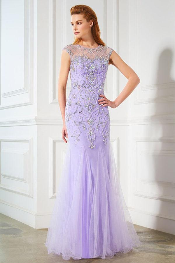 Elegant Mermaid Lavender Scoop Cap Sleeve Beads Tulle Yarn Floor-Length Prom Dresses WK220