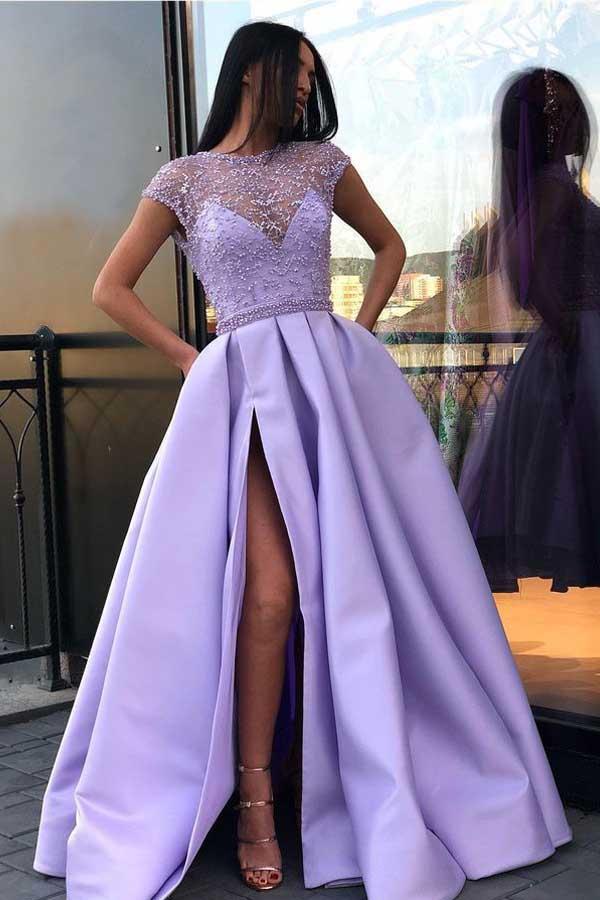 Chic Satin Short Sleeve Scoop Split Beads Purple Slit Open Back Long Prom Dresses WK61