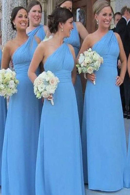 Blue Sheath One-Shoulder Sleeveless Chiffon Floor-Length Bridesmaid Dresses