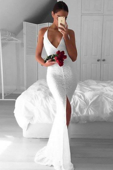 Mermaid Deep V-Neck Criss-Cross Straps Split Sweep Train White Lace Prom Dresses WK283