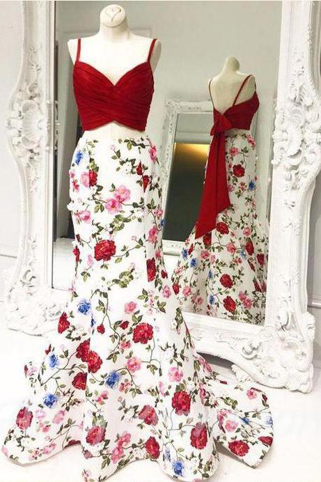 Elegant Two Pieces Mermaid Red Floral Bowknot Sweetheart Spaghetti Straps Prom Dresses WK267