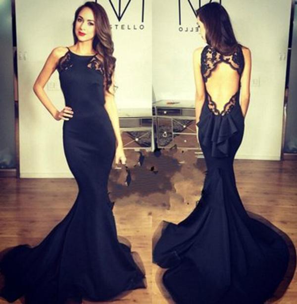 Sexy Open Back Black Halter Sleeveless Mermaid Long Fish Tail Custom Cheap Evening Dresses WK174