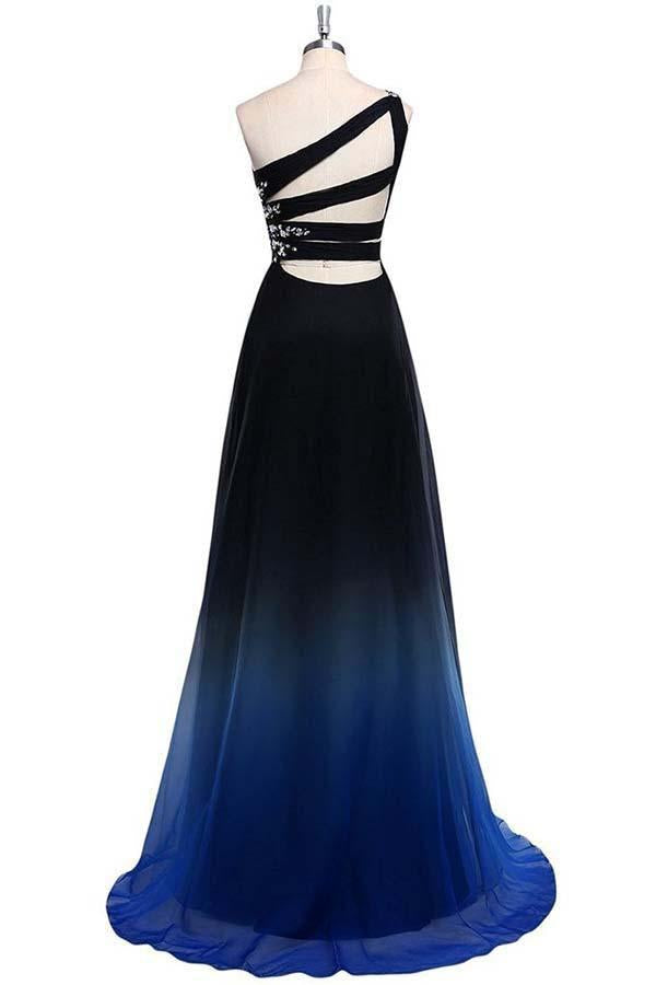 One Shoulder Blue and Black Chiffon A-Line Ombre Appliques Open Back Prom Dresses WK466