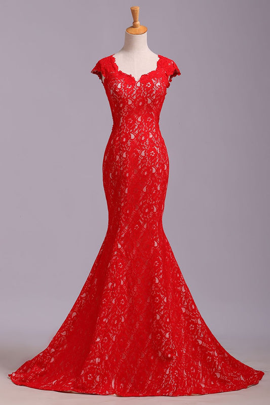 Elegant Red Sweetheart Mermaid Lace Cap Sleeve Open Back Prom Dress Party Dresses WK175