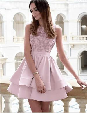 Pretty Bateau Short Blush Pink Scoop Satin Lace Appliques Homecoming Dresses WK16