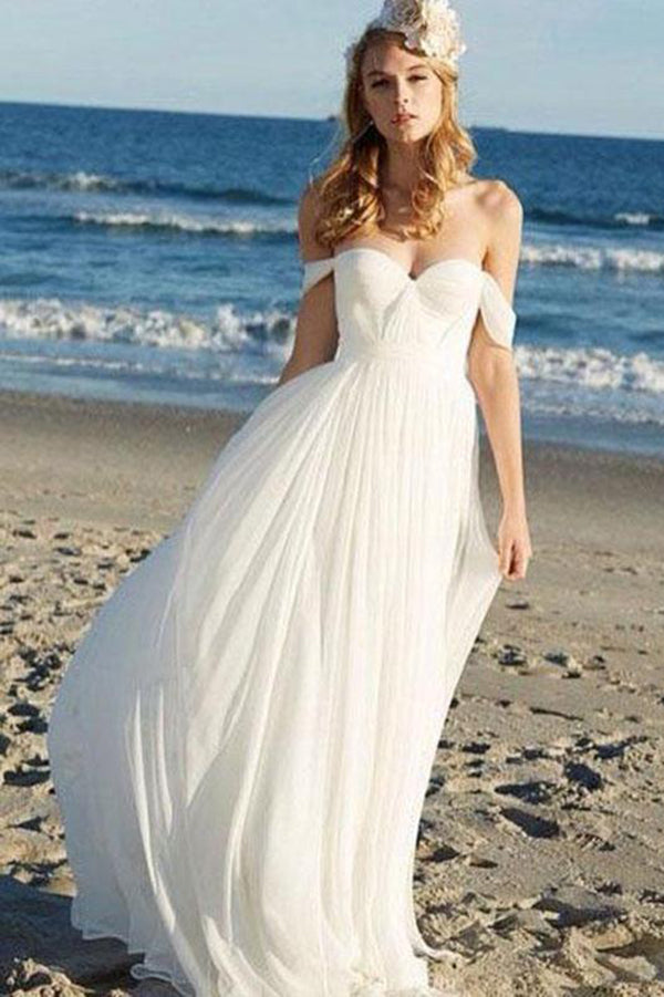 Flowy Unique Ivory Chiffon Off The Shoulder Lace Up Beach Wedding Dresses