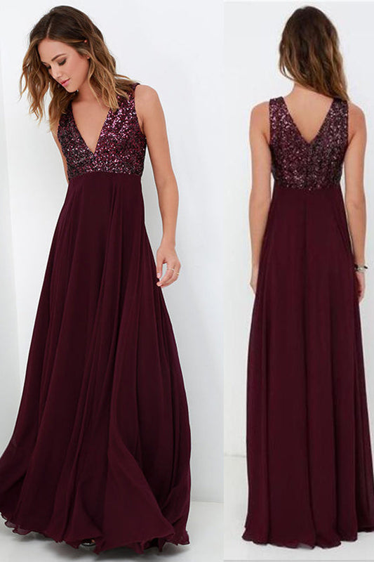 Burgundy A Line Floor Length Deep V Neck Sleeveless Bridesmaid Dresses, Wedding Party Dresses