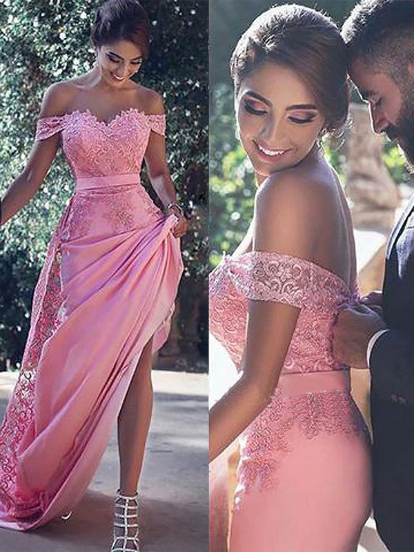 Pink Sheath Off-the-Shoulder Sweep Train Prom Dress with Lace Sash Ruffles WK779