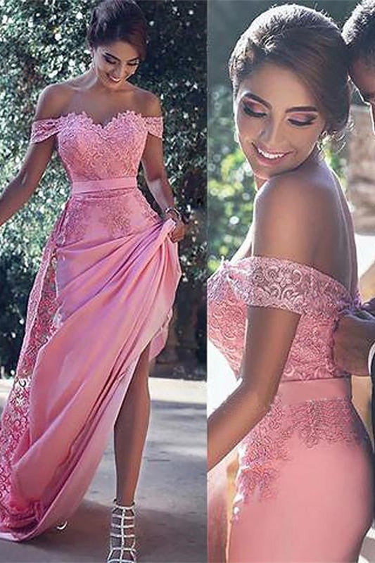 Pink Sheath Off-the-Shoulder Sweep Train Prom Dress with Lace Sash Ruffles WK779