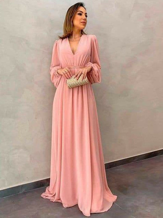 Eileen A-Line/Princess Chiffon Ruffles V-neck Long Sleeves Sweep/Brush Train Mother of the Bride Dresses SWKP0020407