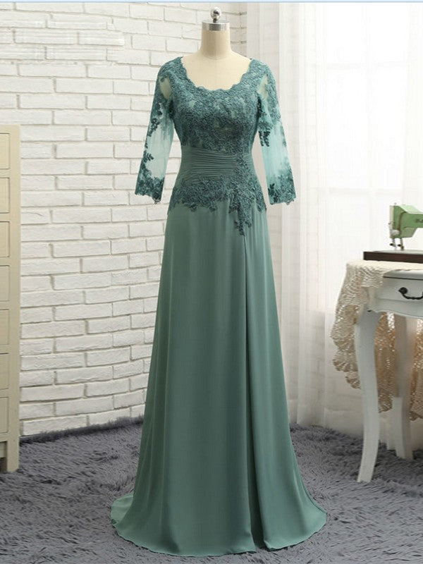 Ashlyn A-Line/Princess Chiffon Applique Scoop 3/4 Sleeves Sweep/Brush Train Mother of the Bride Dresses SWKP0020418