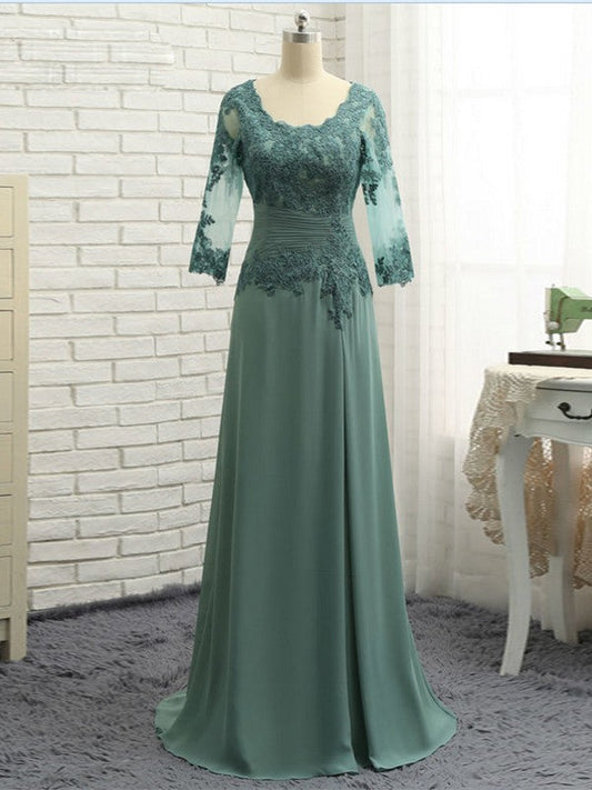 Ashlyn A-Line/Princess Chiffon Applique Scoop 3/4 Sleeves Sweep/Brush Train Mother of the Bride Dresses SWKP0020418