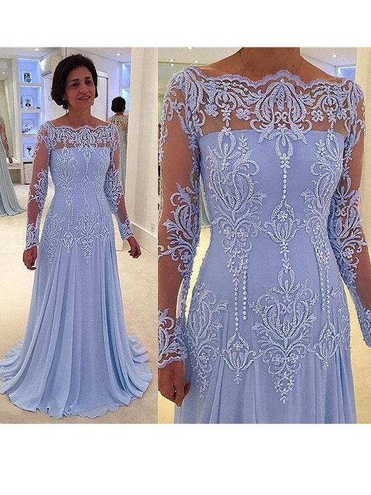 Natalia A-Line/Princess Chiffon Applique Scoop Long Sleeves Sweep/Brush Train Mother of the Bride Dresses SWKP0020420