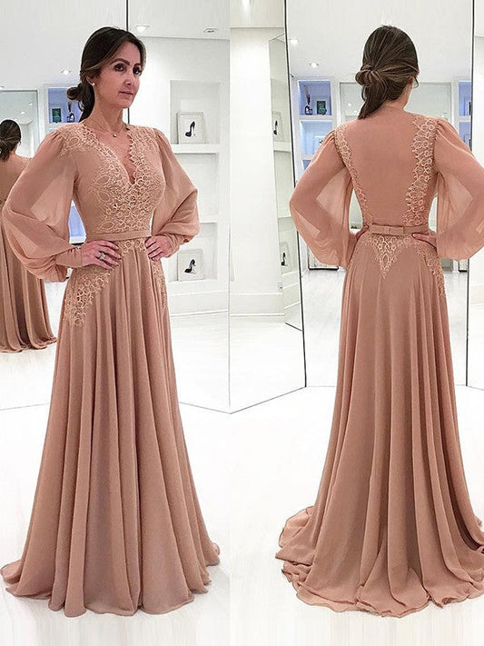 Dalia A-Line/Princess Chiffon Lace V-neck Long Sleeves Sweep/Brush Train Mother of the Bride Dresses SWKP0020421