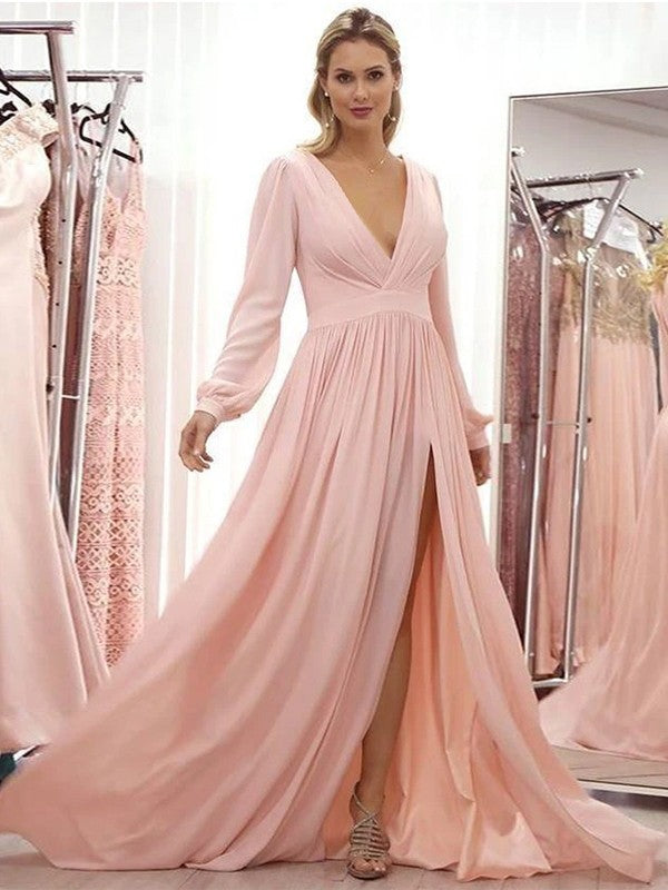 Mylee A-Line/Princess Chiffon Ruffles V-neck Long Sleeves Sweep/Brush Train Mother of the Bride Dresses SWKP0020429