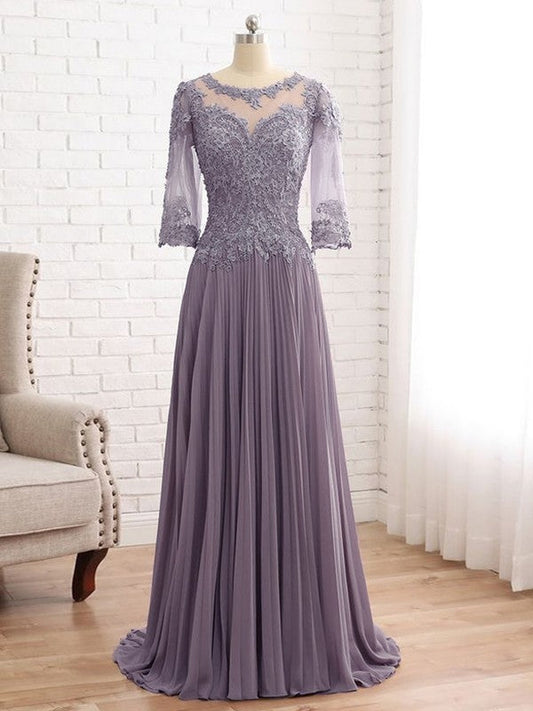 Brooklyn A-Line/Princess Chiffon Lace Scoop 3/4 Sleeves Sweep/Brush Train Mother of the Bride Dresses SWKP0020455