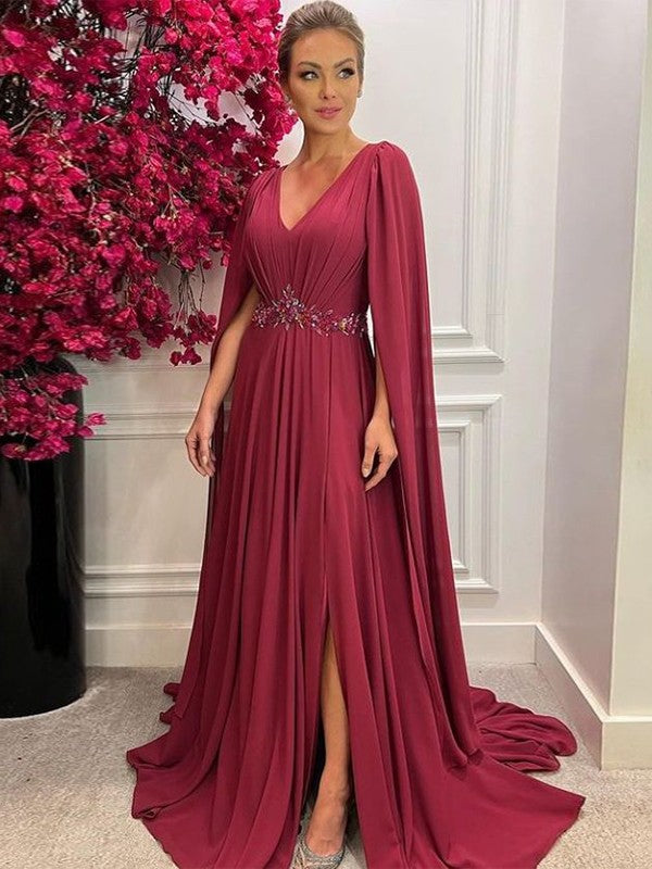 Hope A-Line/Princess Chiffon Ruched V-neck Long Sleeves Court Train Mother of the Bride Dresses SWKP0020287