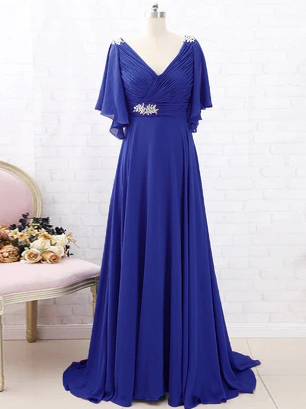 Millie A-Line/Princess Chiffon Beading V-neck Short Sleeves Sweep/Brush Train Mother of the Bride Dresses SWKP0020288